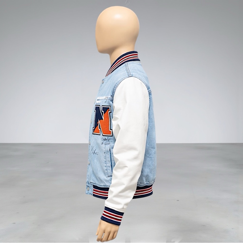 Fashion Nova Men’s Light Blue & White Graffiti Denim Varsity Jacket - Picture 11 of 13
